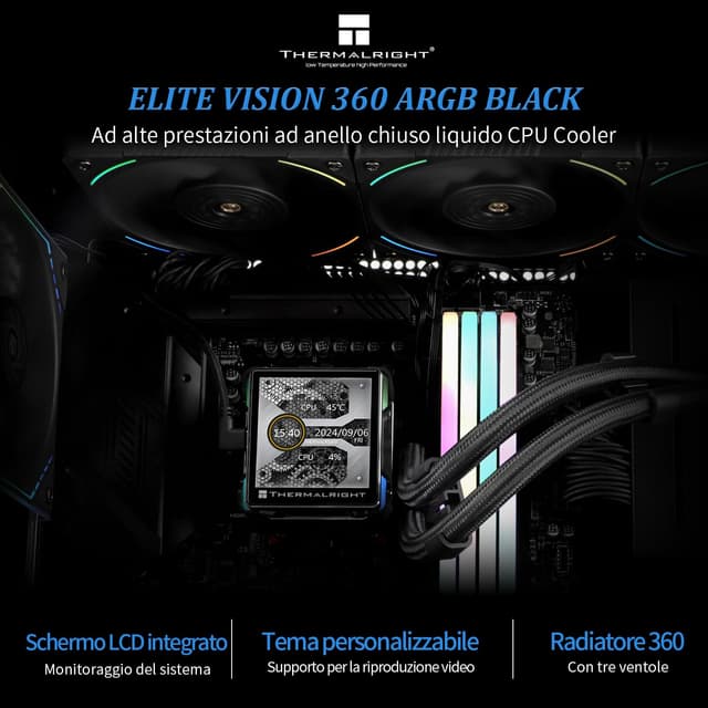 Detalle de Thermalright TR Elite Vision 360 ARGB Black: water cooler CPU con display IPS LCD 320×320 e ventola TL-K12 PWM