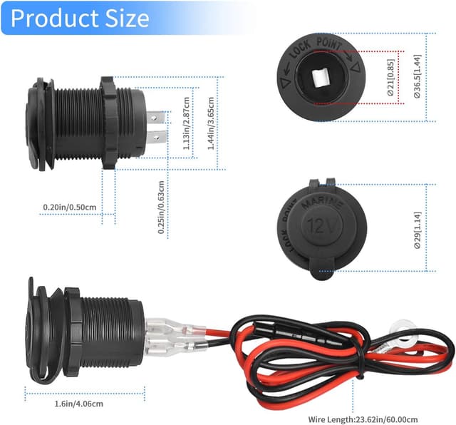 Detalle de 12V wasserdichte Steckdose für Zigarettenanzünder (Marine Grade) mit 60 cm Kabel – 2er-Set