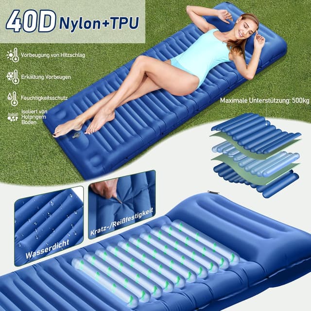 Detalle de JEMULICE Isomatte Camping mit 12 cm Komforthöhe und Fußpumpe – ultraleichtes Packmaß für Zelt & Wandern