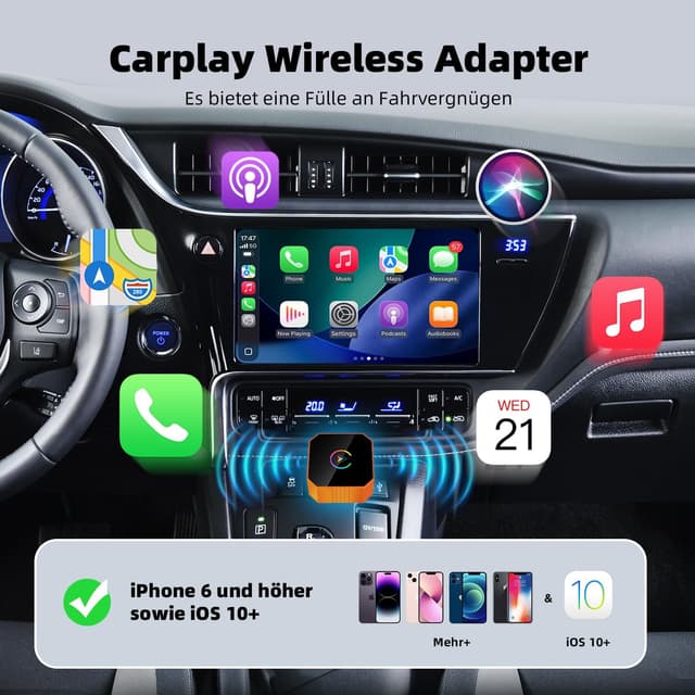 Detalle 2 de MYCIMRE Adaptateur CarPlay sans fil 2026 (Wi‑Fi 5,8 GHz, USB-C/USB, iPhone 6+ iOS 10+)