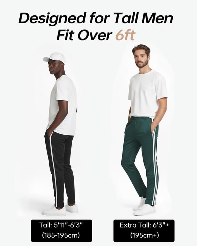 Detalle 2 de Zylioo Tall Mens Track Pants with Side Stripe extra-long joggers and zip pockets