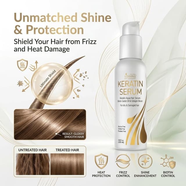 Detalle de VITAMINS hair cosmetics Keratin Hair Serum Oil (4.25 fl oz) for Frizzy, Dry, Damaged Hair