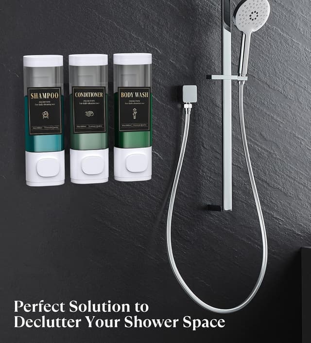 Detalle 2 de Luxspire 3-Chamber Wall Mounted Shampoo & Conditioner Dispenser (No-Drill), White