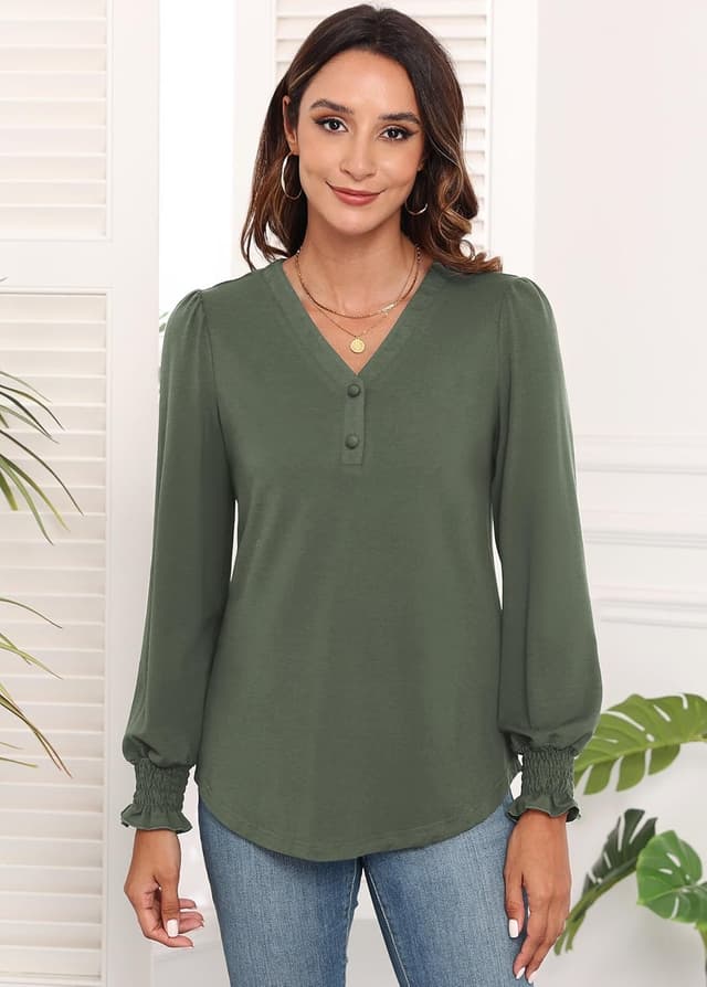 Detalle 2 de Neineiwu Langarmshirt Damen mit V-Ausschnitt und Knopfleiste – elegante Bluse lässig kombinierbar