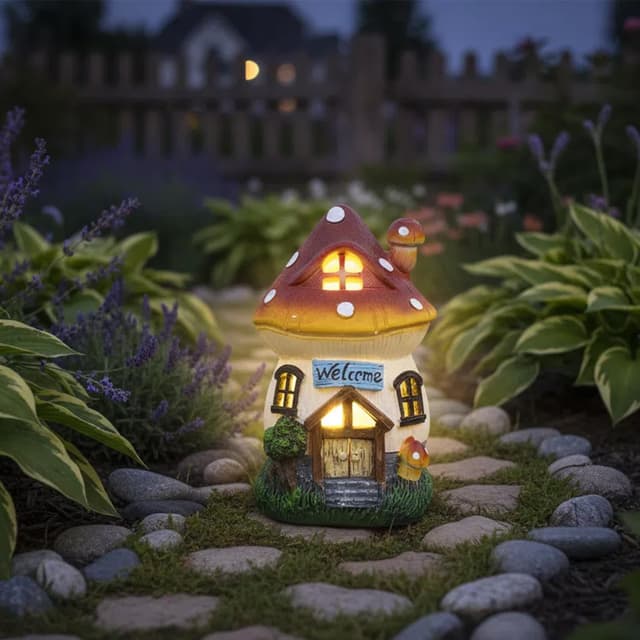 Detalle 2 de LIMOR 6-inch solar mushroom house garden figurine statue with solar lights