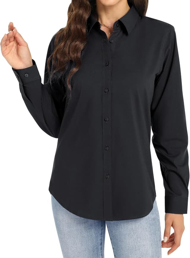 Detalle de J.VER Damen Bluse Business bügelfrei Langarm – Baumwolle/Elasthan, oversize, einfarbig mit Kragen