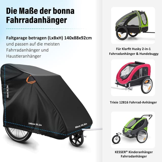 Detalle 2 de Bonna faltgarage für Fahrradanhänger, Hundeanhänger und Lastenanhänger – wasserdichte Abdeckung aus 600D Oxford (140×88×92 cm)