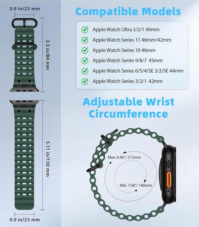 Detalle 2 de MoKo Cinturino Ocean in silicone traspirante per Apple Watch Ultra 3/2/1 e Series/S.E 49–42 mm