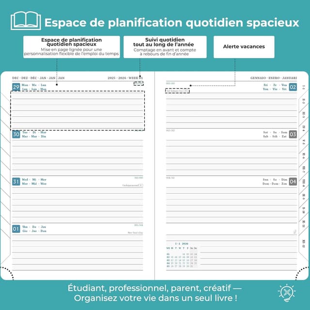 Detalle de IN-LUXPRO Agenda 2026 semainier A5 moyen (21,9 x 16,4 cm) à spirale, cuir PU bleu clair