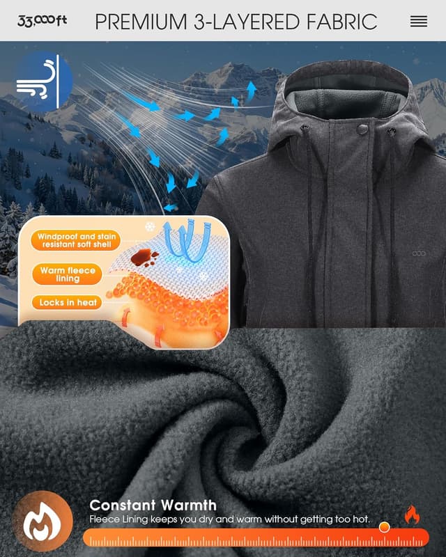Detalle de 33,000ft women’s softshell jacket with hood — waterproof, windproof and fleece-lined long coat