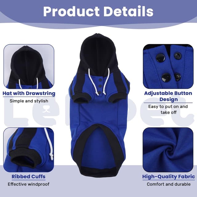 Detalle 2 de LeLePet Dachshund Hoodie (Puppy Sweatshirt) in Blue, Cotton Fleece Dog Jumper with Lelepet Print