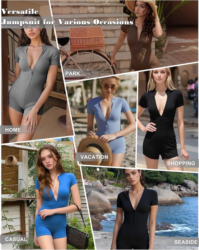 Detalle 2 de Merlvida Sport-Jumpsuit für Damen – Kurz, eng & nahtloser Gym-/Yoga-Overall mit Reißverschluss