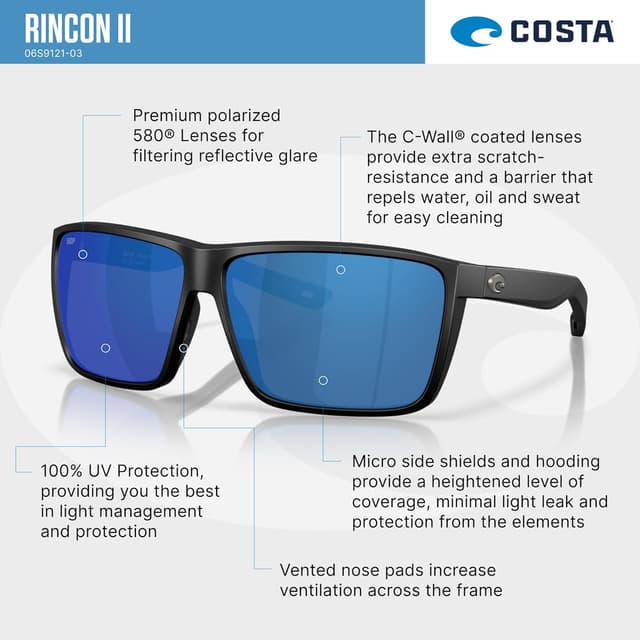 Detalle de Costa Del Mar Rincon II Rectangular Polarized Sunglasses for Men