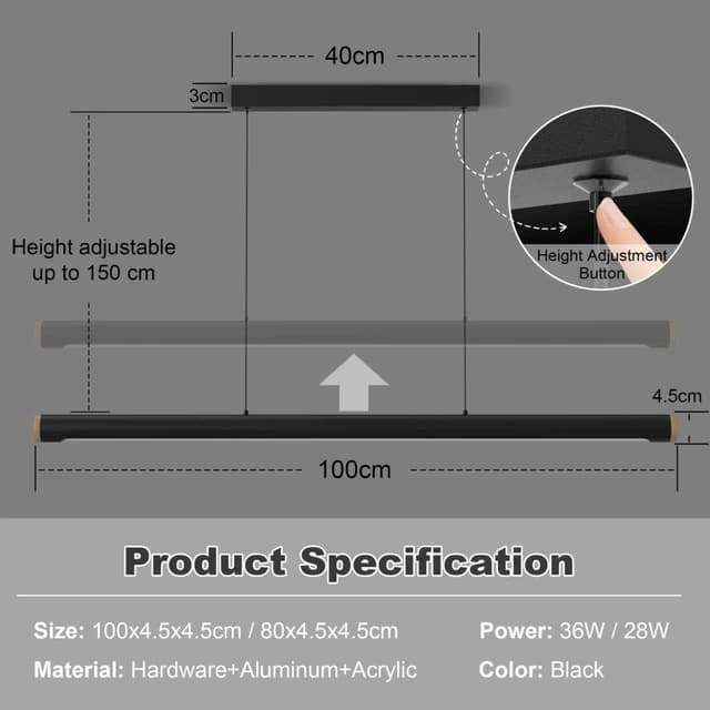 Detalle de FANLG 100 cm Pendelleuchte fürs Esstisch-Set: LED, dimmbar, höhenverstellbar, schwarz inkl. Fernbedienung