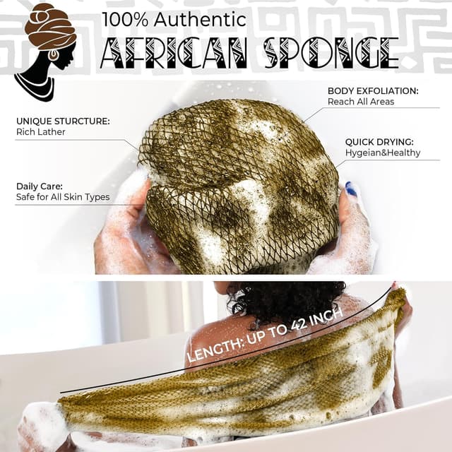Detalle de RelaxScene African Net Sponge Authentic (2-pack) – Exfoliating body scrubber bath sponge in black & antique gold