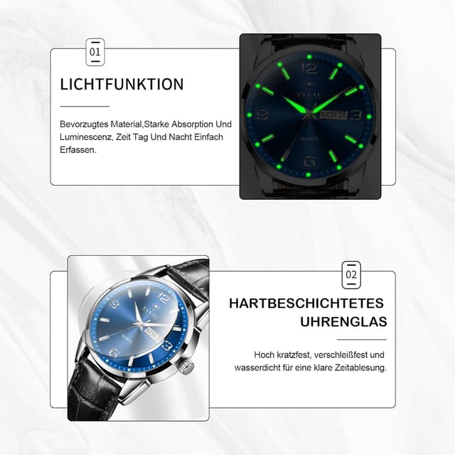 Detalle 2 de Taxau wasserdichte Herren-Gentleman-Uhr mit Datums- und Tagesanzeige, arabischen Ziffern