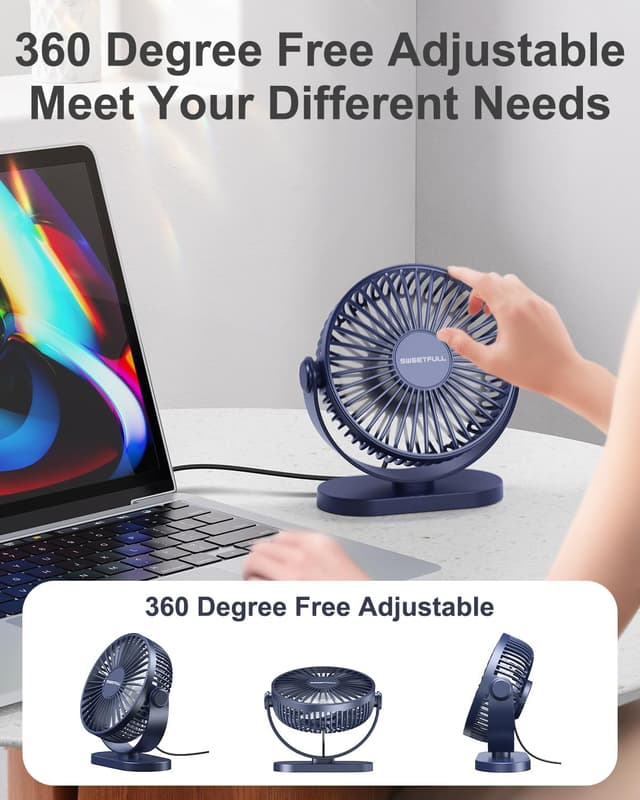 Detalle de SWEETFULL USB Desk Fan (Pure Blue) – 3-speed silent mini fan with 360° adjustment