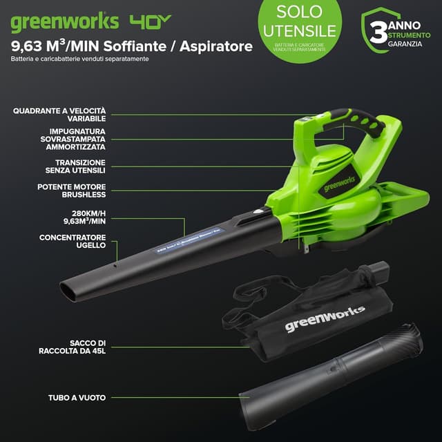 Detalle 2 de Greenworks 40V aspiratore soffiatore foglie con motore brushless e ventola trituratrice (GD40BV) – senza batteria