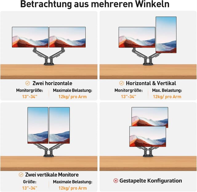 Detalle 2 de ELIVED EV3236B-G Monitor-Halterung für 2 Monitore (17–34 Zoll) mit VESA 75/100 mm, höhenverstellbar, drehbar, grau