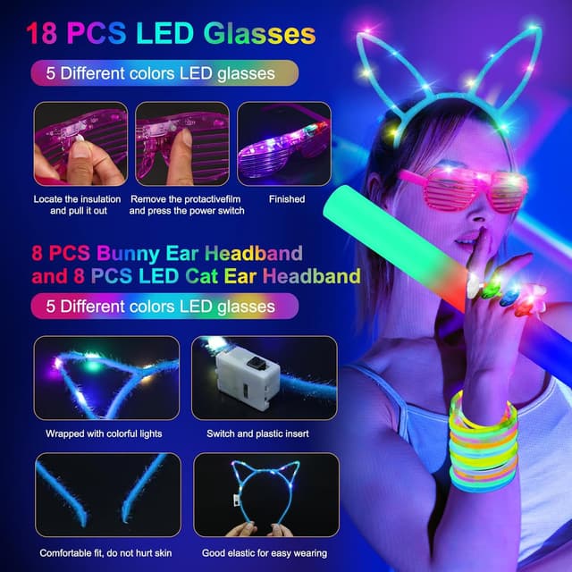 Detalle de OLUPP 282-Piece Glow in the Dark Party Supplies Kit (Foam Sticks, LED Glasses, Finger Lights, Bunny & Cat Ears)