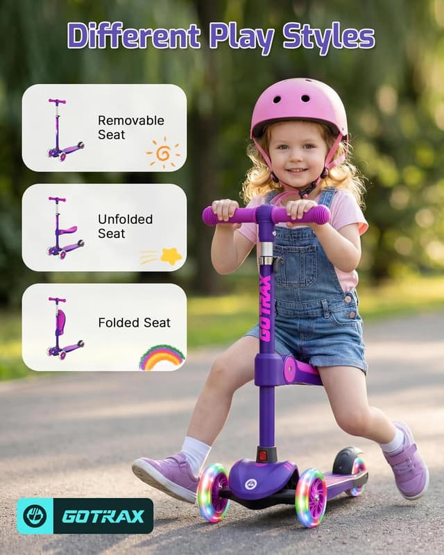 Detalle de GOTRAX KS3 Kids Kick Scooter with LED Lighted Wheels, Adjustable Height & Removable Seat (Ages 2–8, up to 110 Lbs)