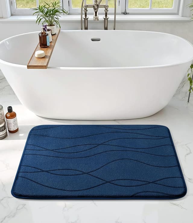 Detalle de chakme Tapis de bain en mousse à mémoire de forme, 60 x 120 cm, bleu foncé — antidérapant et absorbant