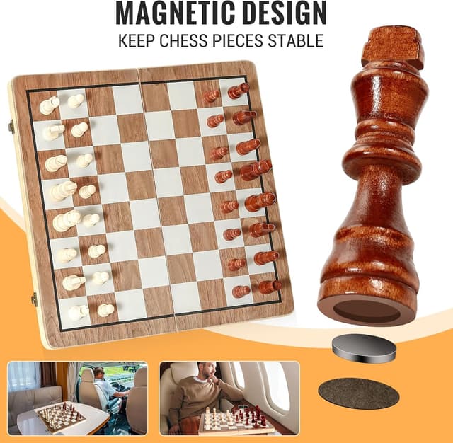 Detalle de Havnidy Jeu d’échecs et dames 2 en 1 : échiquier en bois magnétique pliable (38 cm)