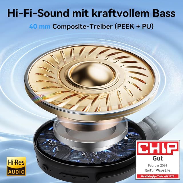 Detalle 2 de EarFun Wave Life Over‑Ear Kopfhörer, ANC, 60 Std