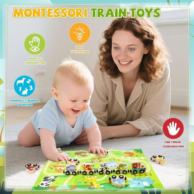 Detalle 2 de Magnetic Wooden Train Set with Farm Animals for Toddlers 🚂
