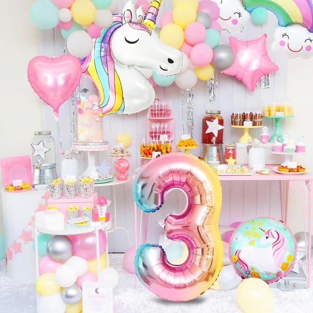 Detalle de Einhorn Luftballon-Set „Zahl 3“ – 3D Folienballons XXL Set mit Regenbogen, Stern und Herz