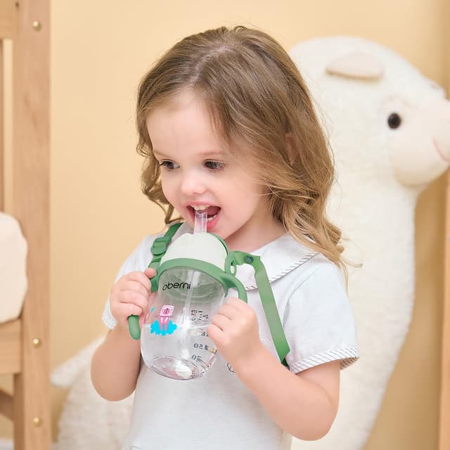 Detalle de Oberni Tritan Sippy Cup 270ml / 9oz (Green) – Weighted Straw, Leak-Proof Spout, 3-Pack