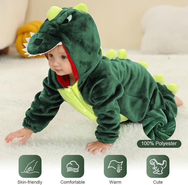 Detalle 2 de Costume da dinosauro AYBUY per bambino con cappuccio e tuta (verde, unisex)