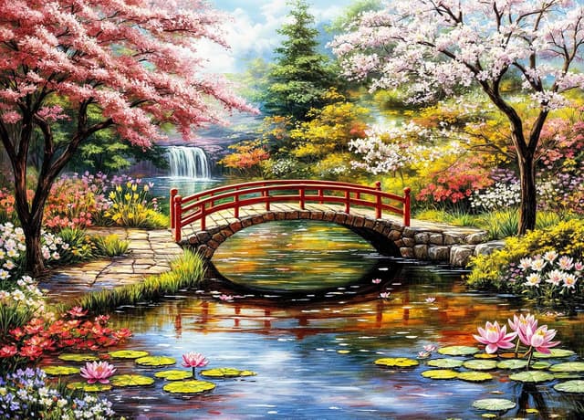 Detalle de Japanese Garden 1000-Piece Jigsaw Puzzle (Cherry Trees & Water Lilies) for Adults