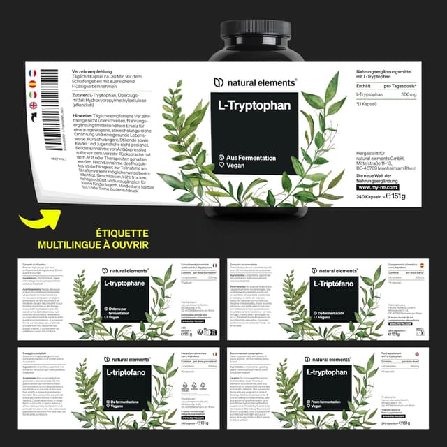 Detalle de L-Tryptophane 500 mg en gélules végétales – 240 capsules pour favoriser un sommeil plus serein