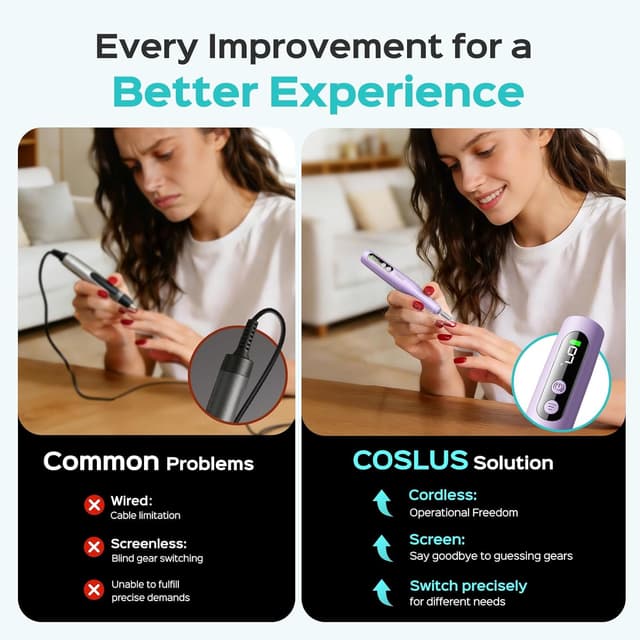 Detalle de COSLUS C52 Cordless Electric Nail Drill with LED Display (Acrylic Gel, Powder) — Purple