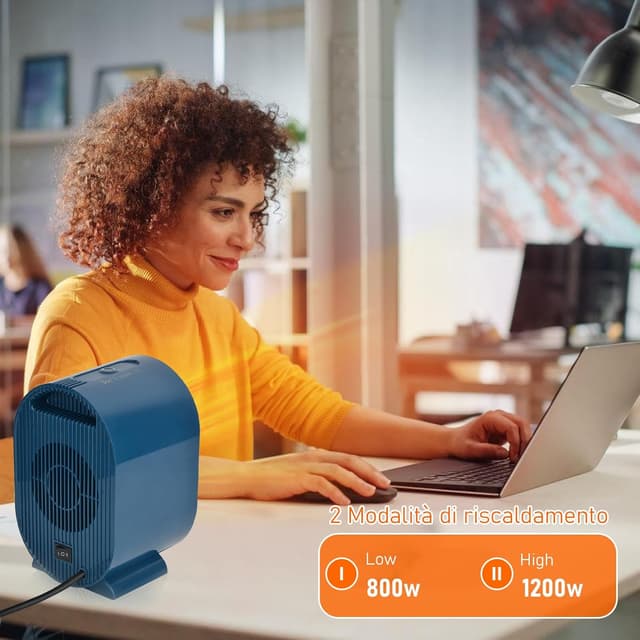 Detalle de Stufetta elettrica Basso Consumo per bagno e ambienti piccoli, 800/1200W con protezioni anti-ribaltamento