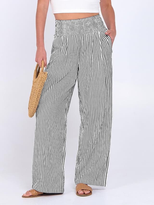 Detalle de ANRABESS Women’s Gingham Plaid & Stripe High-Waist Palazzo Pajama Pants with Pockets