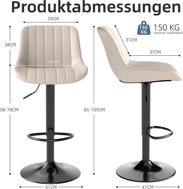 Detalle 2 de Youhauchair Barhocker 2er-Set, drehbar & höhenverstellbar (PU-Leder), Beige