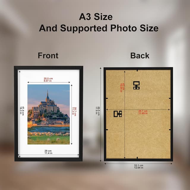 Detalle de Zreolity A3 Black Wooden Photo Frame (42 x 29.7 cm) with A4 Mount