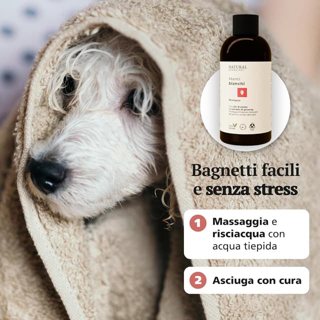 Detalle de Natural Derma Pet Shampoo per Cani Pelo Bianco 200 ml (100% vegan) per manti chiari e delicati