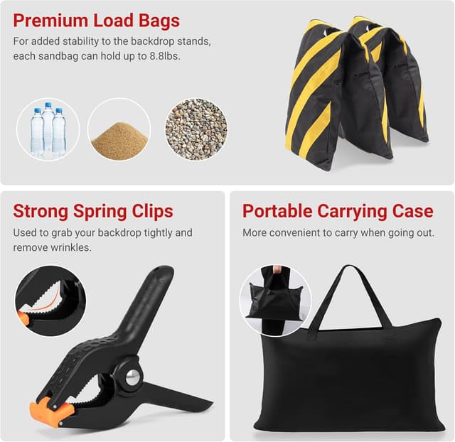 Detalle 2 de JSungo Adjustable Backdrop Stand (10x7.5 FT) with Clamps, Carry Bags, and Quick Setup