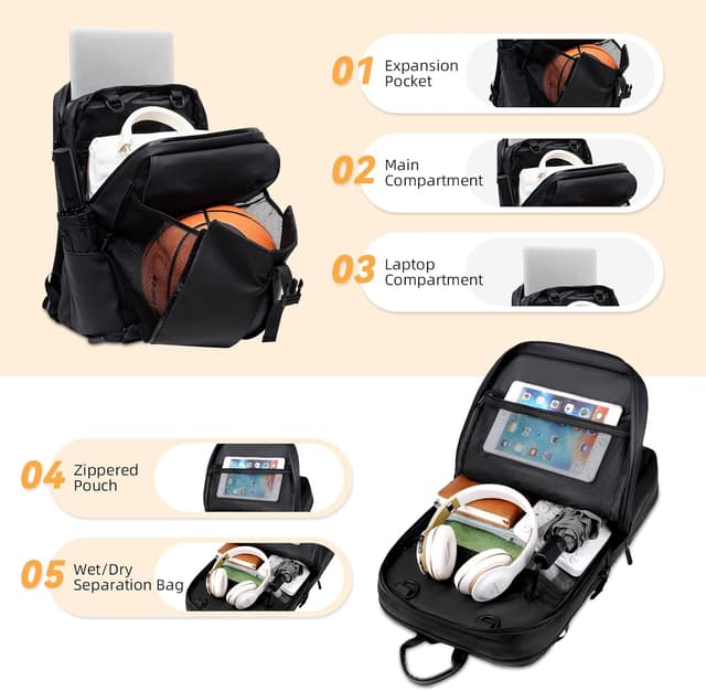 Detalle 2 de HUIDA TECH Business-Laptop-Rucksack (Radfahren), wasserabweisend, Kabinentasche & unter-dem-Sitz-geeignet, schwarz