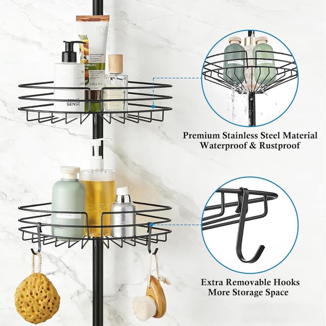 Detalle de KAIMEIYU étagère de douche télescopique sans perçage, noir (85 à 325 cm) avec 4 paniers