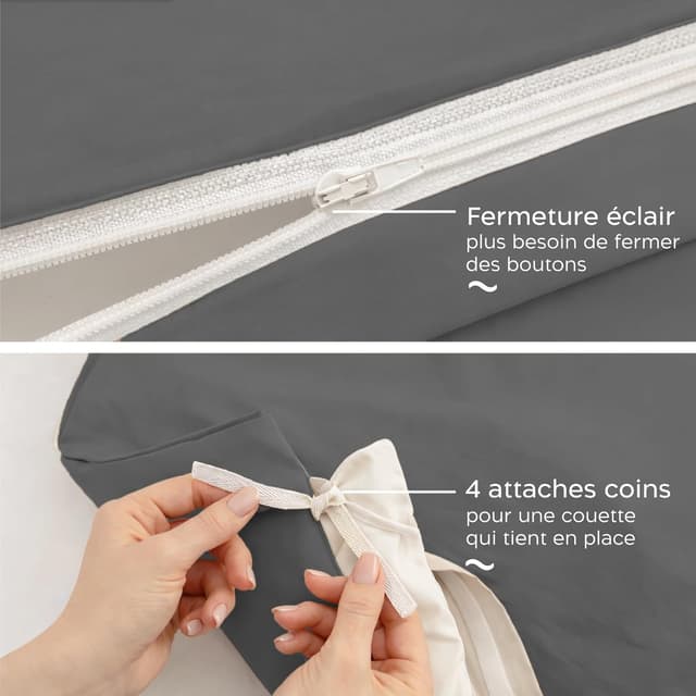 Detalle de Parure de couette Twinzen 240x220 cm anthracite en microfibre avec 2 taies 65x65 cm (Oeko-Tex)
