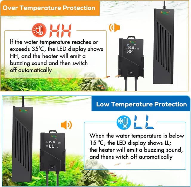 Detalle de hygger Aquarium Heizstab 500 W – digital einstellbarer Submersions-Heizer mit LED-Display für 250–343 l Freshwater