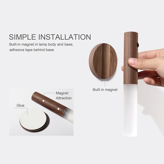 Detalle de LANDGOO Bewegungsmelder Nachtlichter mit Magnet – wiederaufladbar, tragbare LED-Licht für Flur & Treppenhaus (2er-Set, Walnussholz)