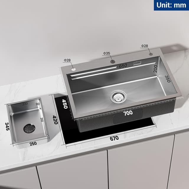 Detalle de CECIPA Lavandino Cucina 70x45 cm in acciaio inox con 1 vasca, dispenser sapone e tagliere