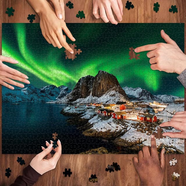 Detalle de Puzzle 1000 Teile – Klassisches Norwegen „Aurora Borealis“ (70 x 50 cm) mit Poster
