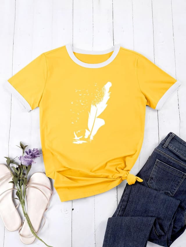 Detalle 2 de Dresswel Women Peace Dove Feather Graphic Print T-Shirt (Crew Neck, Short Sleeve) – Cotton Blend Summer Top