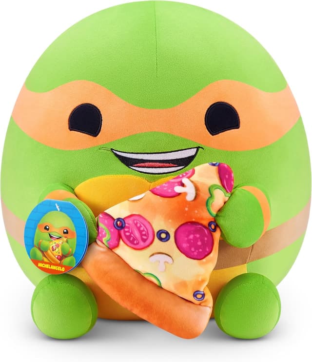 Detalle de Snackles 35 cm Plush Teenage Mutant Ninja Turtles Edition by ZURU (Michelangelo) with pizza snack accessory